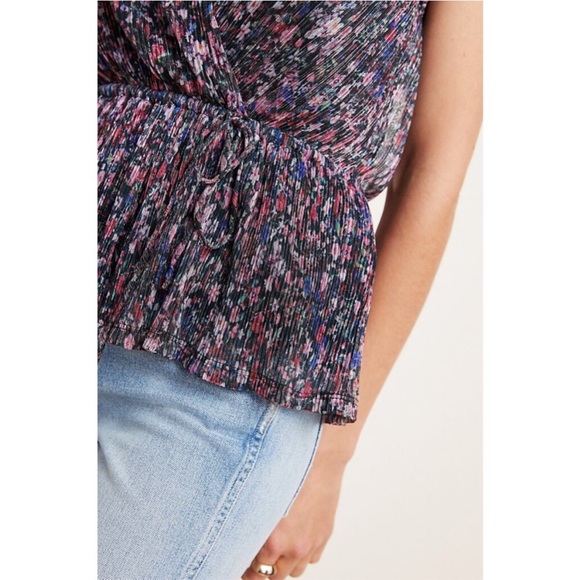 Anthropologie Dionne Metallic Floral Blouse Pleated Wrap Top Multicolor XS - Picture 3 of 9